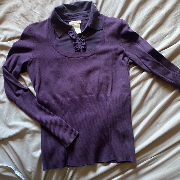 Worthington Women purple knit sweater with attached ruffled blouse insert - Picture 2 of 5